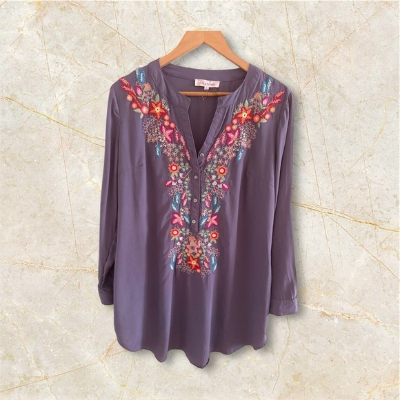 Solitaire Tops - Solitaire Dove Tea Time Garden Tunic top dress gray embroidery colorful size L